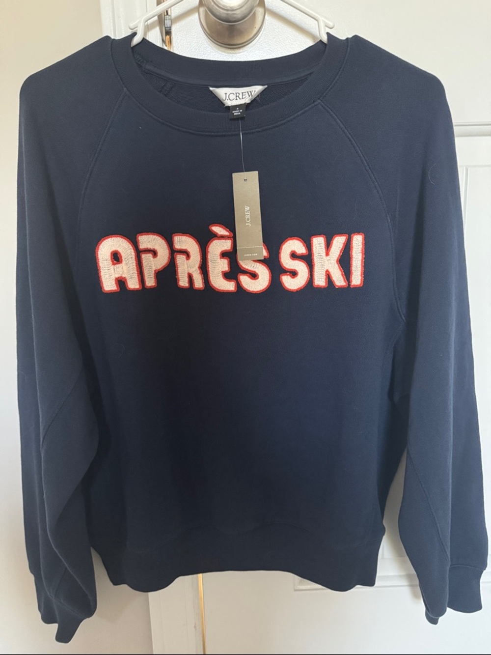 J. Crew Navy Sweatshirt with 'APRÈS SKI' embroidery